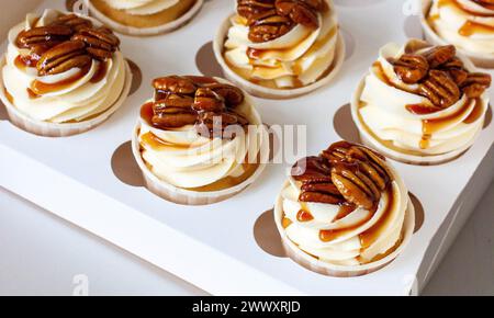 Cupcakes de pacanes au caramel aux épices et à la citrouille avec glaçage au fromage à la crème Banque D'Images