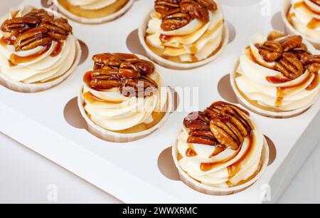 Cupcakes de pacanes au caramel aux épices et à la citrouille avec glaçage au fromage à la crème Banque D'Images