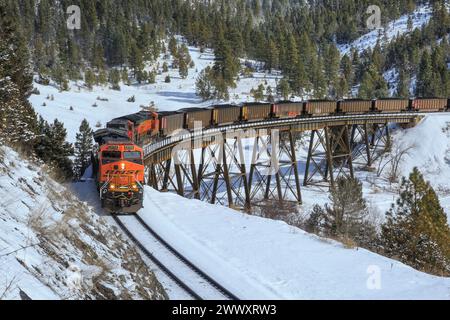 train de charbon sur un chevalet en direction de mullan pass sur la ligne de partage continentale près d'austin, montana Banque D'Images