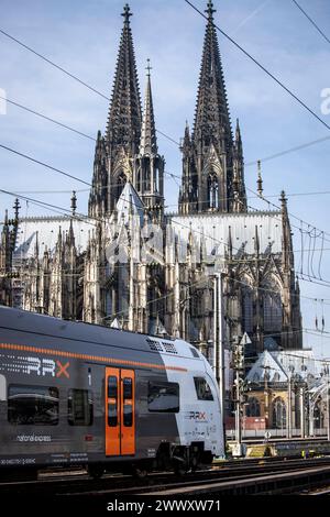 Rhine-Ruhr Express train régional arrivant à la gare centrale, la cathédrale, Cologne, Allemagne Regionalbahn Rhein-Ruhr-Express BEI der Einfahrt in den Banque D'Images