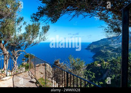 Vue sur les falaises depuis le point de vue Mirador Ricardo Roca, près de Estellencs, Serra de Tramuntana, Majorque, Îles Baléares, Espagne Banque D'Images