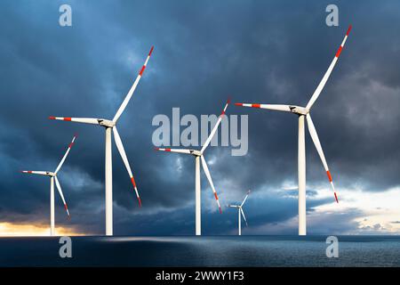 Éoliennes en mer du Nord, orage, basse-Saxe, République fédérale d'Allemagne Banque D'Images