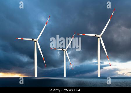 Éoliennes en mer du Nord, orage, basse-Saxe, République fédérale d'Allemagne Banque D'Images