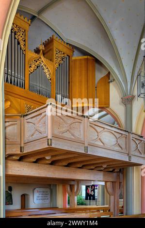 Le loft d'orgue, église paroissiale de St George et Maurice, Wildpoldsried, Allgaeu, Souabe, Bavière, Allemagne Banque D'Images