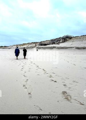 Die Nordseeinsel Sylt im März 26.03.24 : Die nördlichste Insel Deutschlands mit Meer, Dünen, Sand und Strand - zwei Menschen gehen am einsamen Sylter Strand spazieren Sylt Schleswig Holstein Deutschland *** L'île de Sylt en mer du Nord en mars 26 03 24 L'île la plus septentrionale d'Allemagne avec mer, dunes, sable et plage deux personnes marchant sur la plage de Sylt Sylt Schleswig Holstein Allemagne Foto 11.03.24, 13 12 38 Banque D'Images