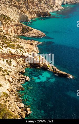 Vue aérienne des piscines naturelles Atlantis, sa Pedrera de Cala d'Hort, Île d'Ibiza, Îles Baléares, Espagne Banque D'Images