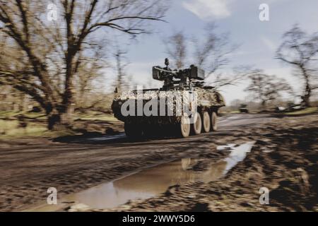 Panzer Pandur II faehrt durch einen Wald im Rahmen der Militaeruebung Wettiner Schwert mit deutschen und tschechischen Soldaten BEI Tangermuende, 26,0 Banque D'Images