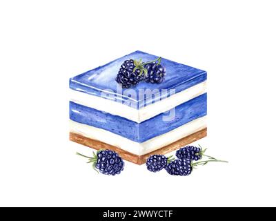 Gâteau carré avec crème de yaourt aux baies. Mousse blanche et bleue. Mûres mûres en dessert. Tranche de cheesecake, tarte. Illustration aquarelle Banque D'Images