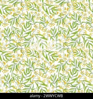 Fleurs abstraites jaunes et branches vertes de feuilles. Motif printemps sans couture. Herbes de prairie. Illustration aquarelle Banque D'Images