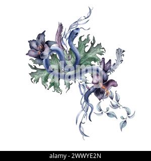 Illustration botanique florale gothique avec serpent et fleurs dessinées à la main. Aquarelle lys violets et fleurs noires isolées sur blanc. Décoration florale Banque D'Images