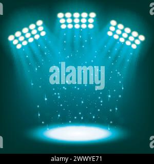 Projecteurs de stade lumineux sur fond bleu foncé, illustration vectorielle Illustration de Vecteur