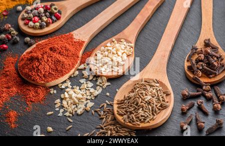 Différents types d'épices sur des cuillères en bois sur une table en pierre grise, fond de cuisine idéal pour vos projets. Banque D'Images