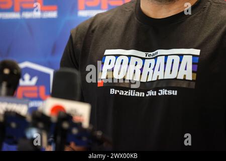 Las Vegas. 26 mars 2024. Le poids lourd Marcelo Nunes (10-2) s’adresse aux journalistes lors de l’événement PFL Media Day pour lancer la saison régulière 2024, le mardi 26 mars 2024, au Xtreme Couture MMA à Las Vegas. Christopher Trim/Cal Sport Media. Crédit : csm/Alamy Live News Banque D'Images