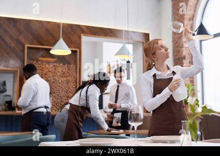 Cliché sélectif du personnel d'attente de diverses ethnies nettoyant les tables et polissant la verrerie dans un restaurant moderne Banque D'Images