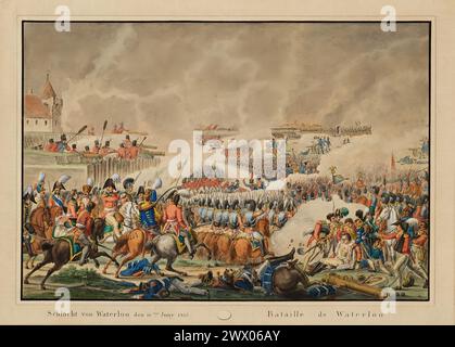 Vintage Art Print : la bataille de Waterloo le 18 juin 1815. Gravure, gravure, couleur. Editeur : Artaria et Comp. Banque D'Images