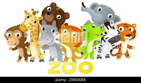 Scène de zoo de dessin animé avec des amis animaux de zoo ensemble dans le parc d'attractions sur fond blanc avec un espace pour l'illustration de texte pour les enfants Banque D'Images