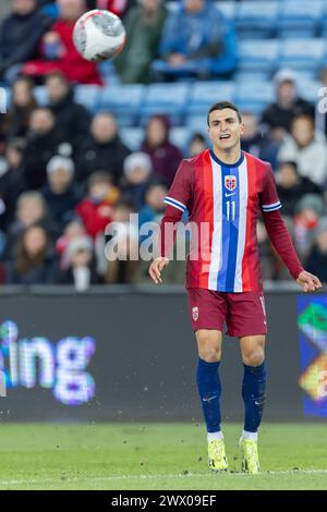 Oslo, Norvège 26 mars 2024, Mohamed Elyounoussi, norvégien et celtique, regarde pendant le match amical de football entre la Norvège et la Slovaquie qui s'est tenu au stade Ullevaal à Oslo, Norvège crédit : Nigel Waldron/Alamy Live News Banque D'Images