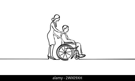 L'infirmière transporte un patient dans un fauteuil roulant en continu dessin vectoriel d'une ligne. Le soignant porte un fauteuil roulant avec un homme. People Medical long Term Care Conce Illustration de Vecteur