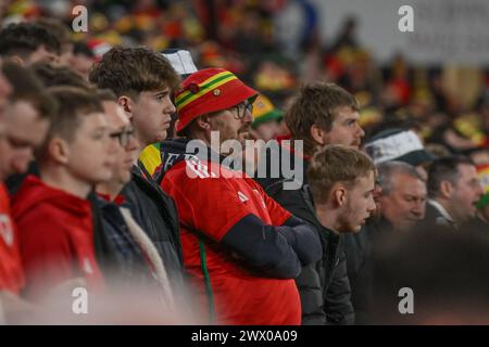 La tension monte pendant le match éliminateur du groupe A de l'UEFA éliminateur du groupe A pays de Galles contre Pologne au Cardiff City Stadium, Cardiff, Royaume-Uni, le 26 mars 2024 (photo Craig Thomas/News images) Banque D'Images