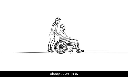 L'homme porte un handicapé dans un fauteuil roulant continu dessin vectoriel d'une ligne. Le soignant porte un fauteuil roulant avec un homme. Personnes médicales soins de longue durée Concep Illustration de Vecteur