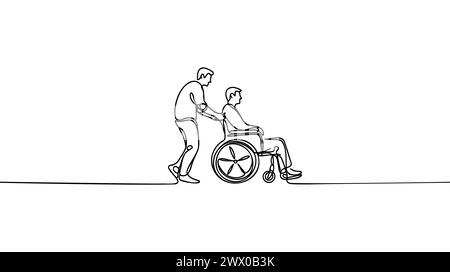 L'homme porte un handicapé dans un fauteuil roulant continu dessin vectoriel d'une ligne. Le soignant porte un fauteuil roulant avec un homme. Personnes médicales soins de longue durée Concep Illustration de Vecteur