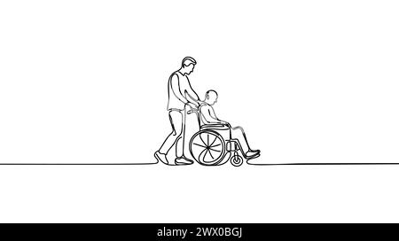 L'homme porte un handicapé dans un fauteuil roulant continu dessin vectoriel d'une ligne. Le soignant porte un fauteuil roulant avec un homme. Personnes médicales soins de longue durée Concep Illustration de Vecteur