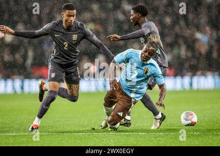 Londres, Royaume-Uni. 26 mars 2024. Le belge Jeremy Doku photographié en action lors d'un match amical de football entre l'Angleterre et l'équipe nationale belge des Red Devils, le mardi 26 mars 2024 à Londres, au Royaume-Uni. Les équipes se préparent pour ce tournoi Summers Euro 2024. BELGA PHOTO BRUNO FAHY crédit : Belga News Agency/Alamy Live News Banque D'Images