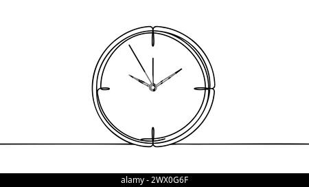 Icône d'horloge de dessin d'une ligne continue avec style dessiné à la main doodle sur fond blanc. Illustration de Vecteur