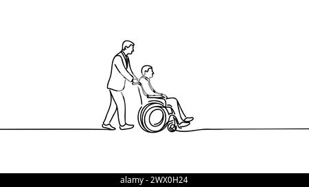 L'homme porte un handicapé dans un fauteuil roulant continu dessin vectoriel d'une ligne. Le soignant porte un fauteuil roulant avec un homme. Personnes médicales soins de longue durée Concep Illustration de Vecteur