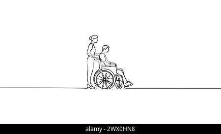 L'infirmière transporte un patient dans un fauteuil roulant en continu dessin vectoriel d'une ligne. Le soignant porte un fauteuil roulant avec un homme. People Medical long Term Care Conce Illustration de Vecteur