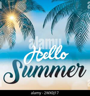 Hello Summer Sign, avec des arbres de noix de coco au bord de mer, adapté pour les vacances d'été et Beach Party, illustration vectorielle Illustration de Vecteur