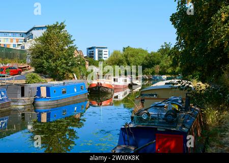 La rivière Lea navigation en été, près de Hackney Wick, Londres Royaume-Uni, avec des bateaux étroits Banque D'Images