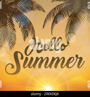 Hello Summer Sign, avec des arbres de noix de coco au lever du soleil, adapté pour les vacances d'été et Beach Party, illustration vectorielle Illustration de Vecteur