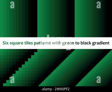 Vert à noir dans les tuiles carrées, motif vectoriel sans couture, monochromatique, collection de six Illustration de Vecteur
