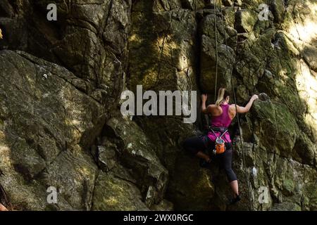 Femme escalade au Sully's Hangout dans Lynn Canyon, North Vancouver, Canada Banque D'Images