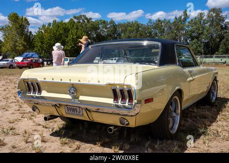 Vue arrière d'un coupé Ford Mustang blanc des années 1970. Banque D'Images