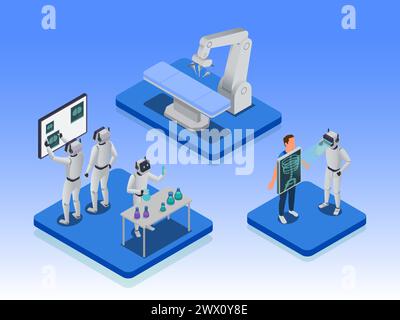 IA en médecine concept isométrique avec équipement chirurgical automatique médecins robotisés et chercheurs de laboratoire illustration vectorielle 3D. Illustration de Vecteur