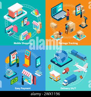 Paiement et suivi de livraison d'achats mobiles avec éléments connexes Isométrique 2x2 icônes ensemble Illustration de Vecteur