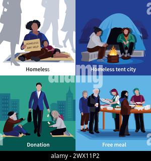 Homeless People 2x2 design concept avec mendiant affamé assis sur le trottoir homme faisant don repas gratuit illustration vectorielle plate Illustration de Vecteur