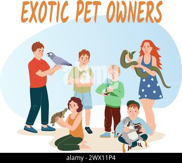 Les gens avec des animaux exotiques composition plate de texte orné de fond blanc et doodle les personnes tenant des animaux illustration vectorielle Illustration de Vecteur