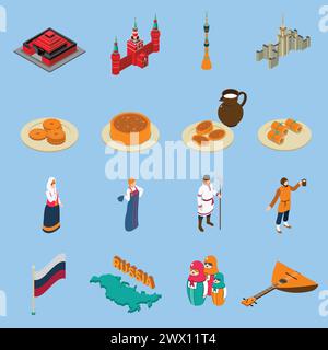 Russie isométrique icônes touristiques ensemble de bâtiments célèbres cuisine russe traditionnelle constumes nationaux et symboles illustration vectorielle isolée Illustration de Vecteur