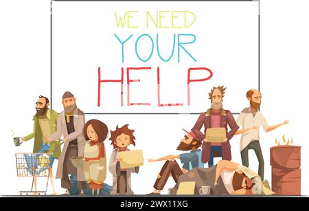 Les sans-abri, y compris les enfants, ont besoin d'aide et de tableau blanc avec inscription dessin animé et rétro style illustration vectorielle Illustration de Vecteur