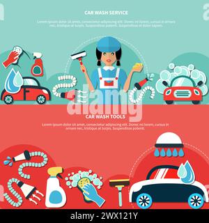Deux bannières horizontales avec le personnage de lavage de voiture dessins de dessin animé de l'équipement et des agents de nettoyage illustration vectorielle Illustration de Vecteur