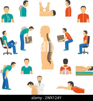 Icônes isolées de couleur plate pour le diagnostic des maladies du rachis et le traitement de la douleur dorsale illustration du vecteur Illustration de Vecteur