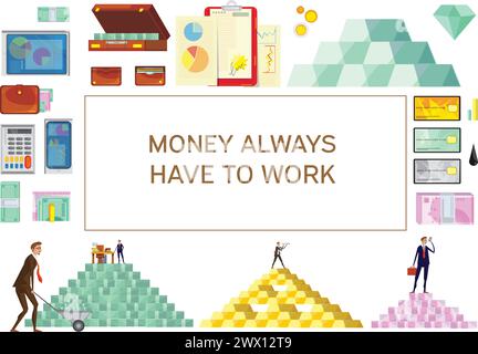 Bannière de richesse financière avec des images isolées plates de pyramides de l'argent cartes de crédit et de caractères de bureau de travailleurs illustration de vecteur Illustration de Vecteur