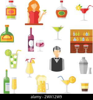 Bar cocktails et boissons alcoolisées shaker avec barmen et clients plat Icons collection abstraite illustration vectorielle isolée Illustration de Vecteur