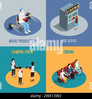 Cinéma box office et production de films équipe de caméra 4 icônes isométriques poster carré abstrait vecteur isolé illustration Illustration de Vecteur