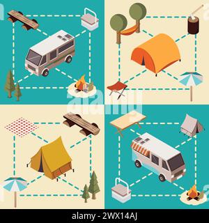 Compositions isométriques de camp avec des véhicules de lignes et de l'équipement touristique éléments forestiers et illustration de vecteurs isolés de feu de camp Illustration de Vecteur