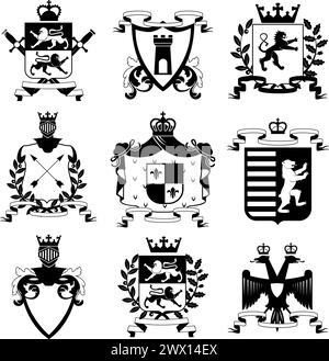 Blason héraldique de la famille écusson et boucliers emblèmes design noir icônes collection abstrait isolé illustration vectorielle Illustration de Vecteur