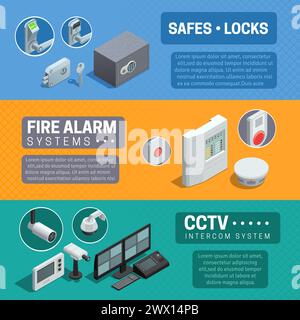 Description du système de sécurité à domicile 3 bannières isométriques horizontales ensemble avec cctv et illustration vectorielle isolée abstraite d'alarme incendie Illustration de Vecteur